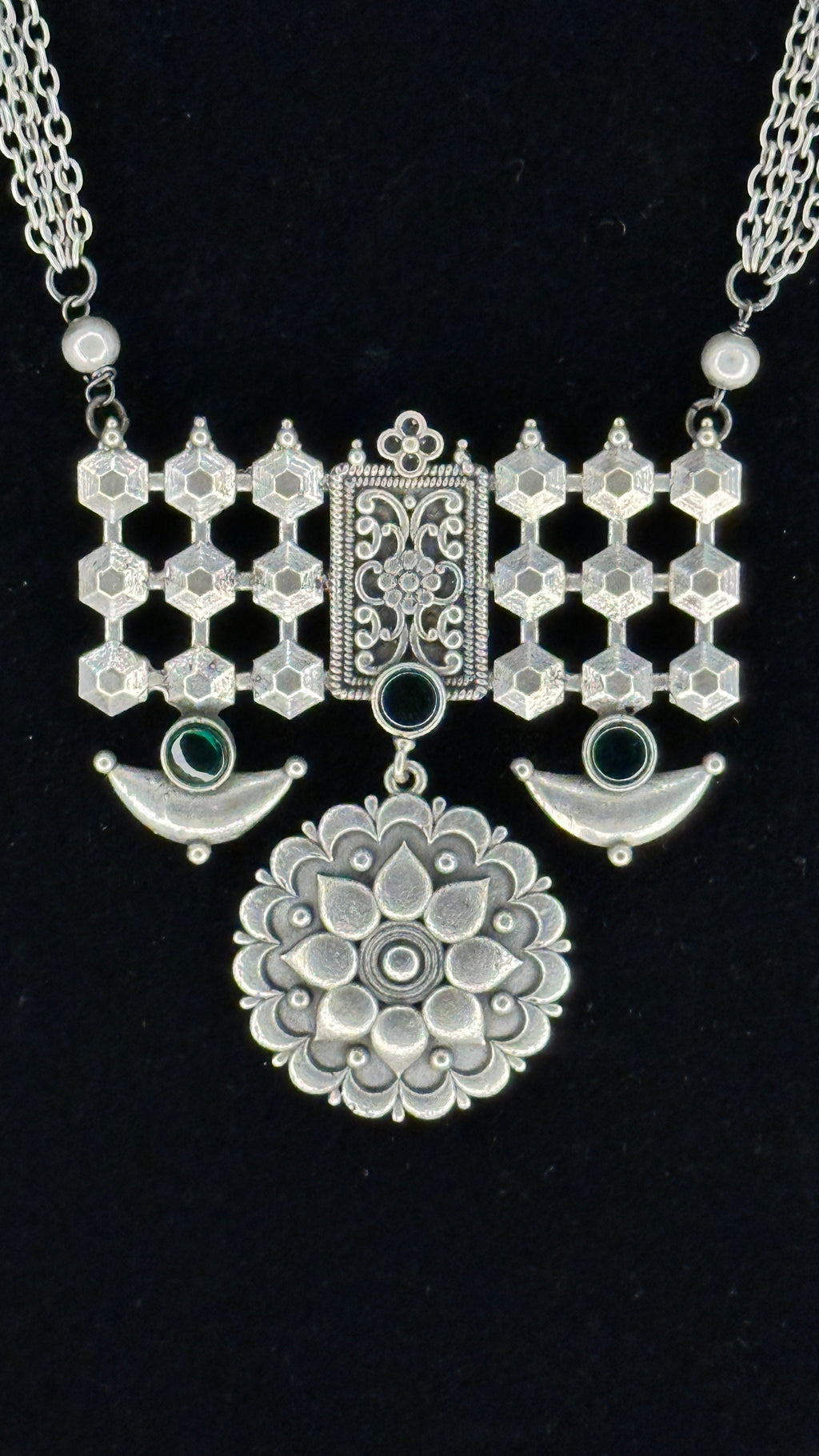 Silver replica necklace and earring - with green stone