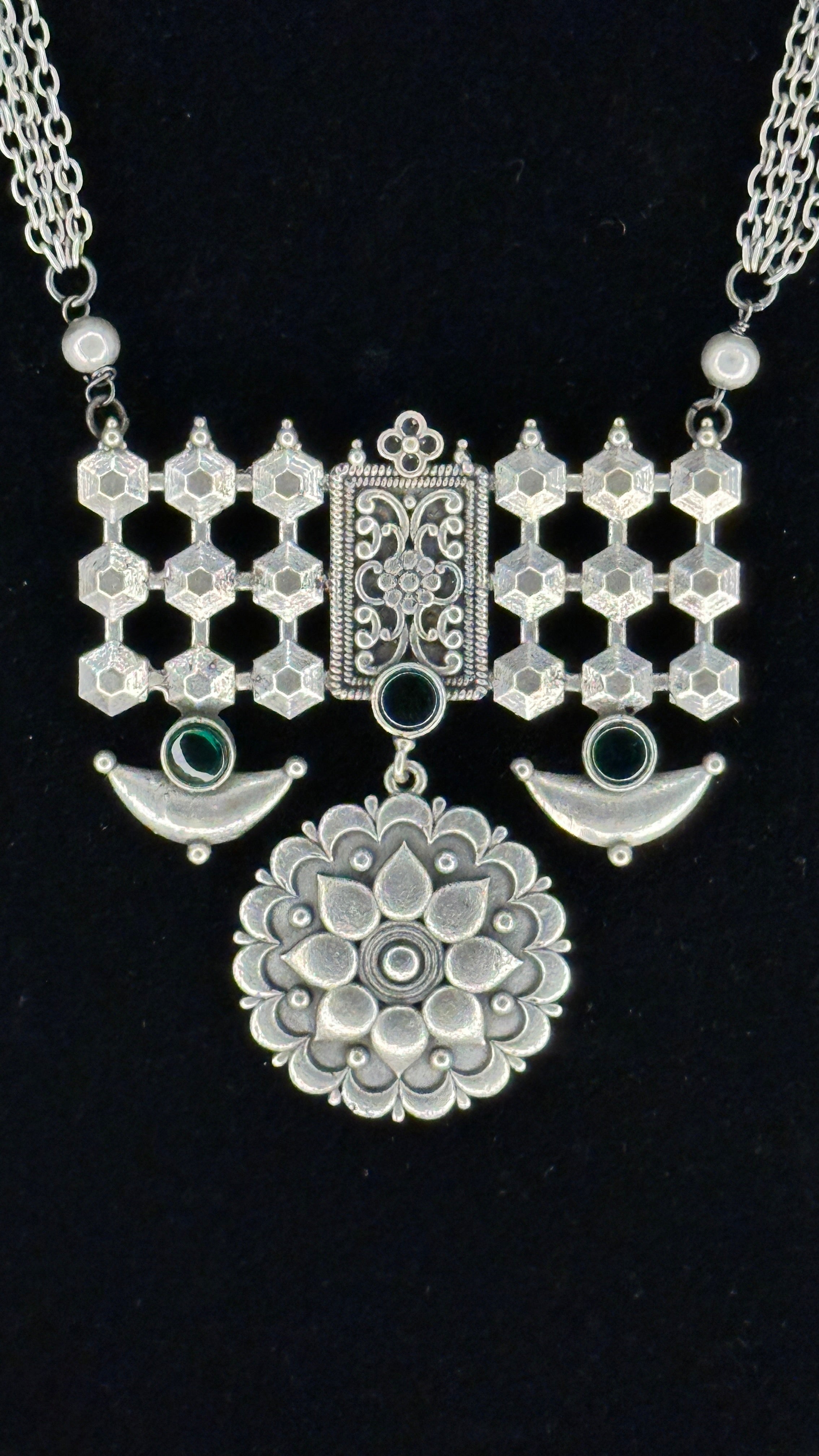 Silver replica necklace and earring - with green stone