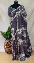 Purple designer crepe tissue saree with floral print and desiger blouse