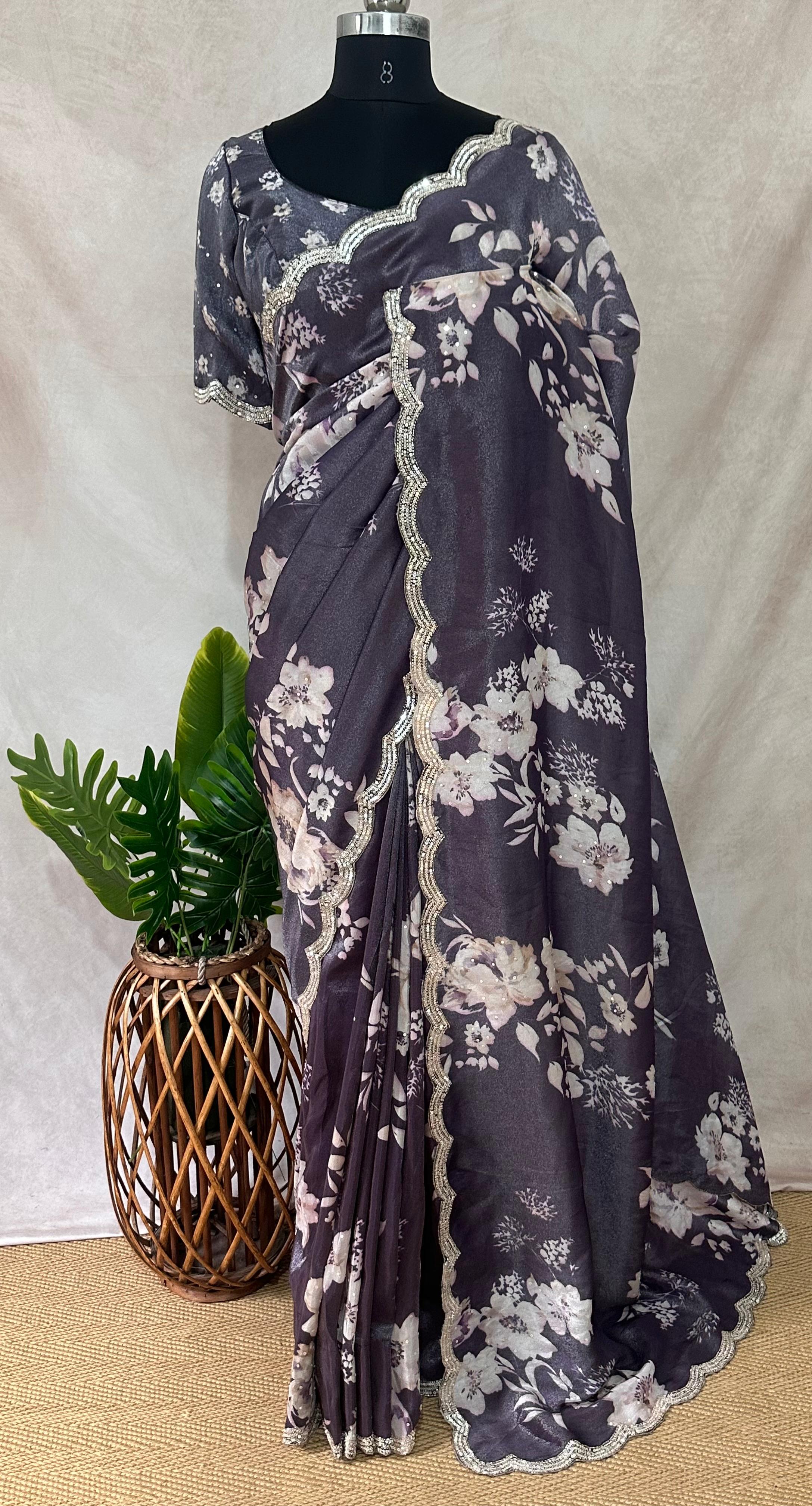Purple designer crepe tissue saree with floral print and desiger blouse