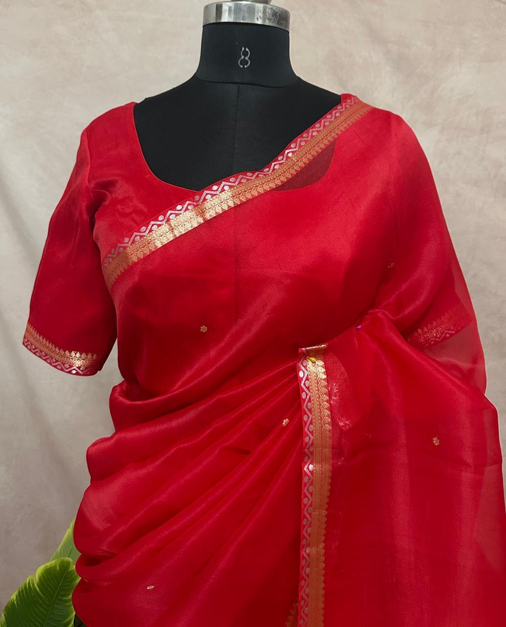 Kora silk saree with small border and stitched blouse and under skirt