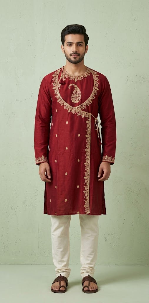 Maroon cotton kurta angarakh style surta with embroidery