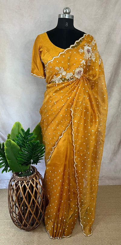 Orange Organza silk saree with 3D embroidery , with stitched blouse