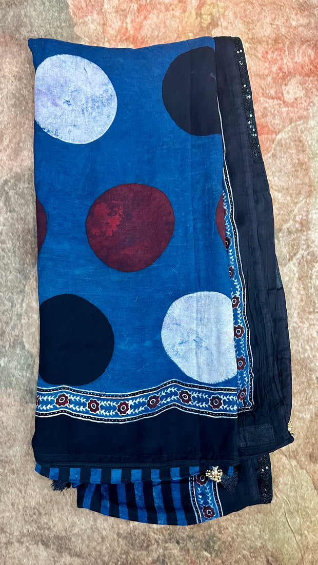 Designer Indigo blue modal silk saree with Ajrek hand block print, Stitched blouse