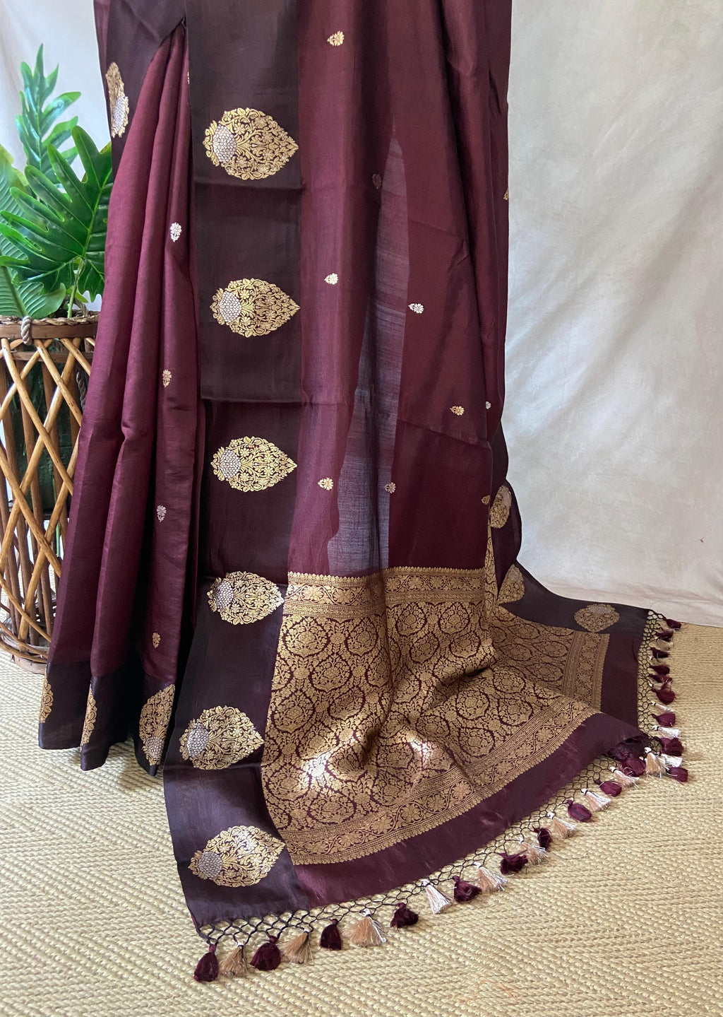 Brown pure raw mango silk saree with stitched blouse