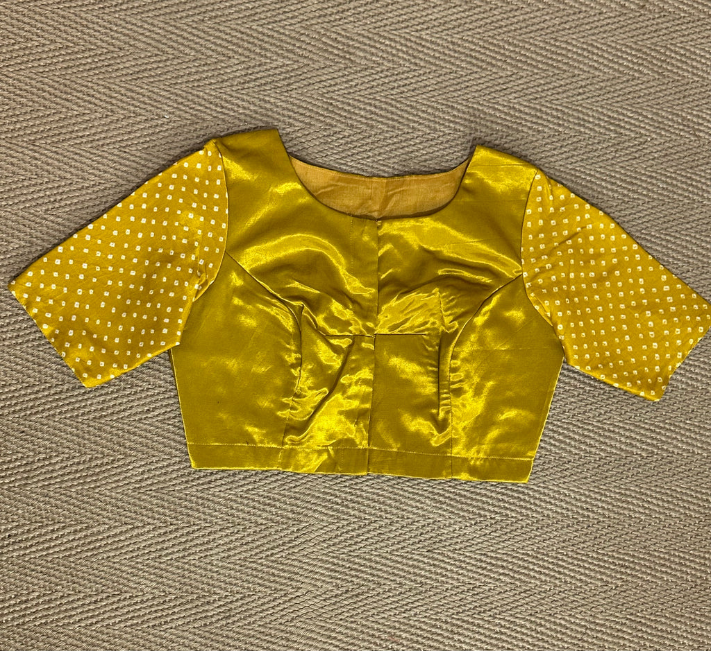 Mustard yellow modal silk blouse with mirror work and KutchEmbroidery