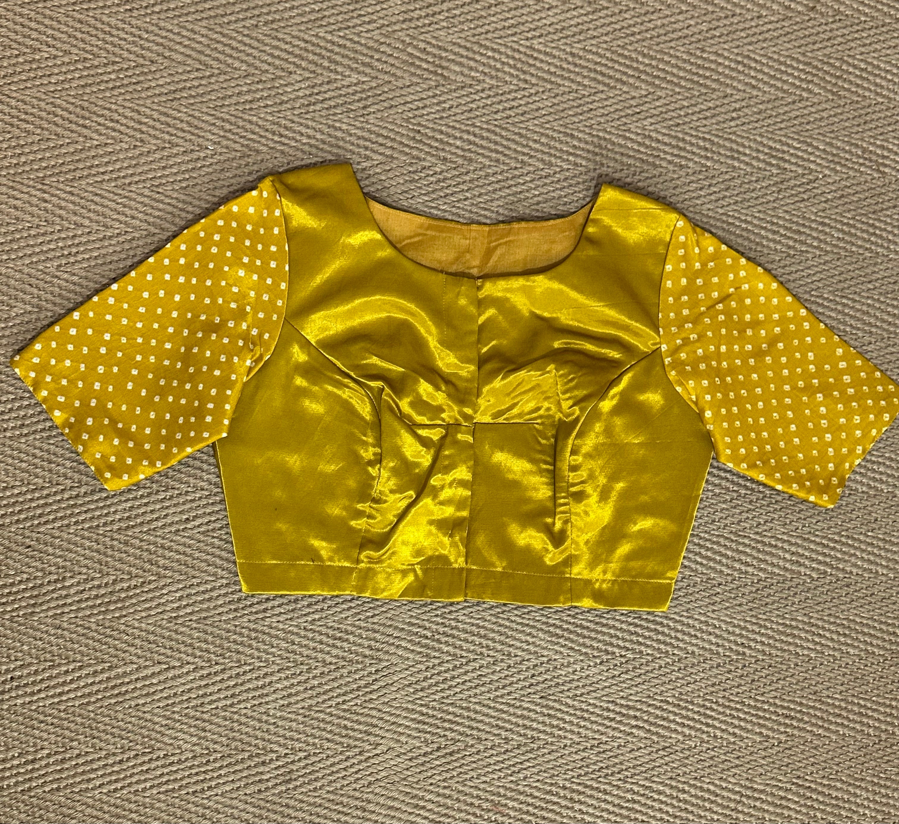 Mustard yellow modal silk blouse with mirror work and KutchEmbroidery
