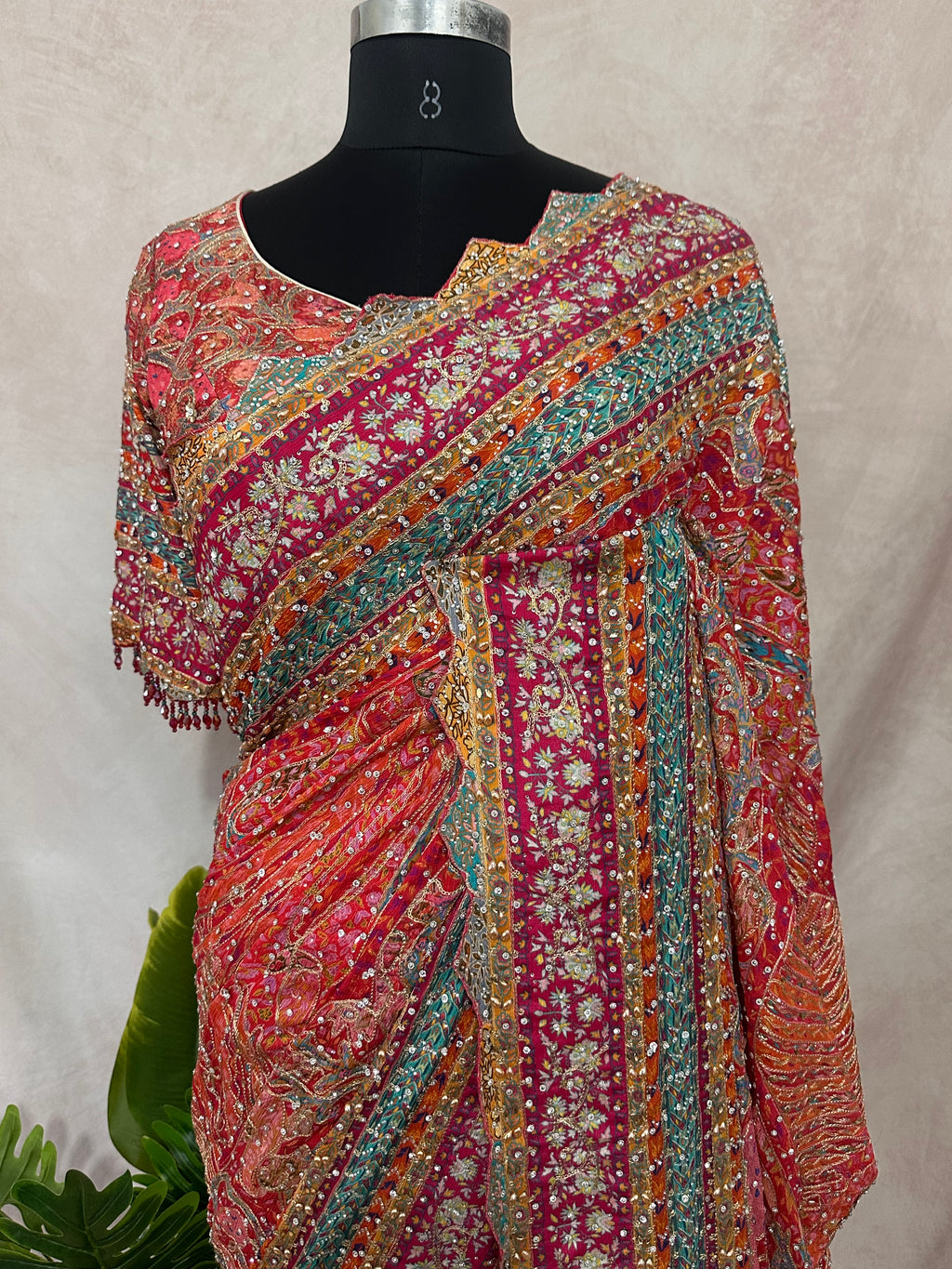 Pink Printed Crepe Designer Saree with Embroidered Readymade Blouse