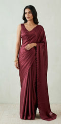 Shimmer crepe saree with scallop border, with stitched blouse