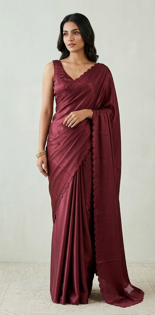 Shimmer crepe saree with scallop border, with stitched blouse