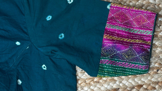 Green blouse with kalamkari and kanta patch work