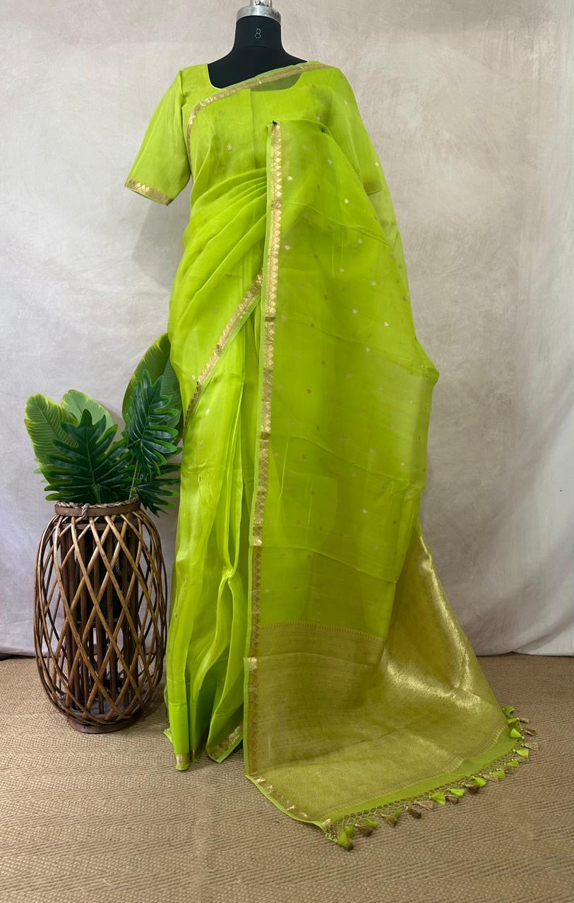Kora silk saree with small border and stitched blouse and under skirt