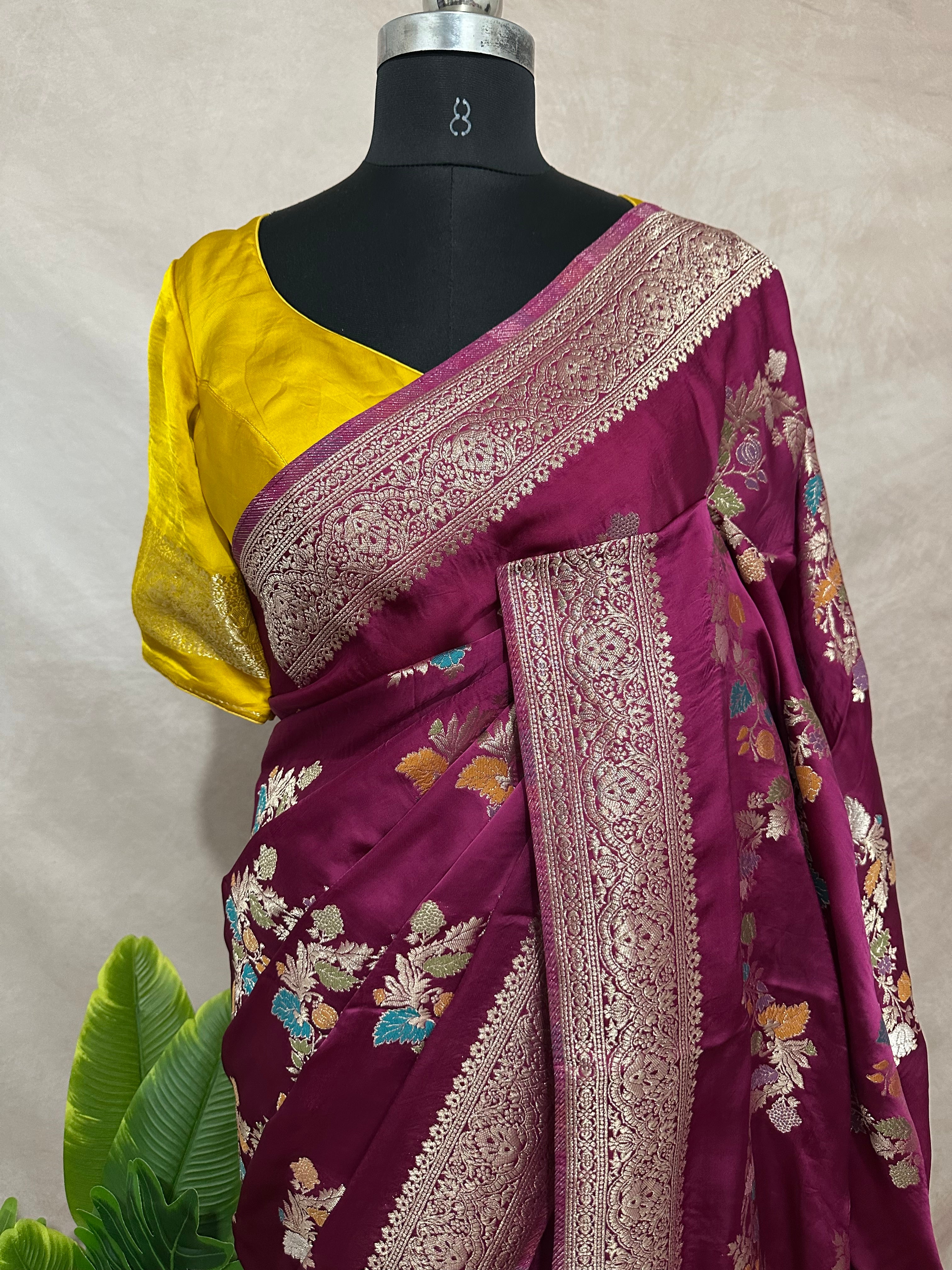 Semi crepe georgette saree with meenakari waeve and contrast bllouse
