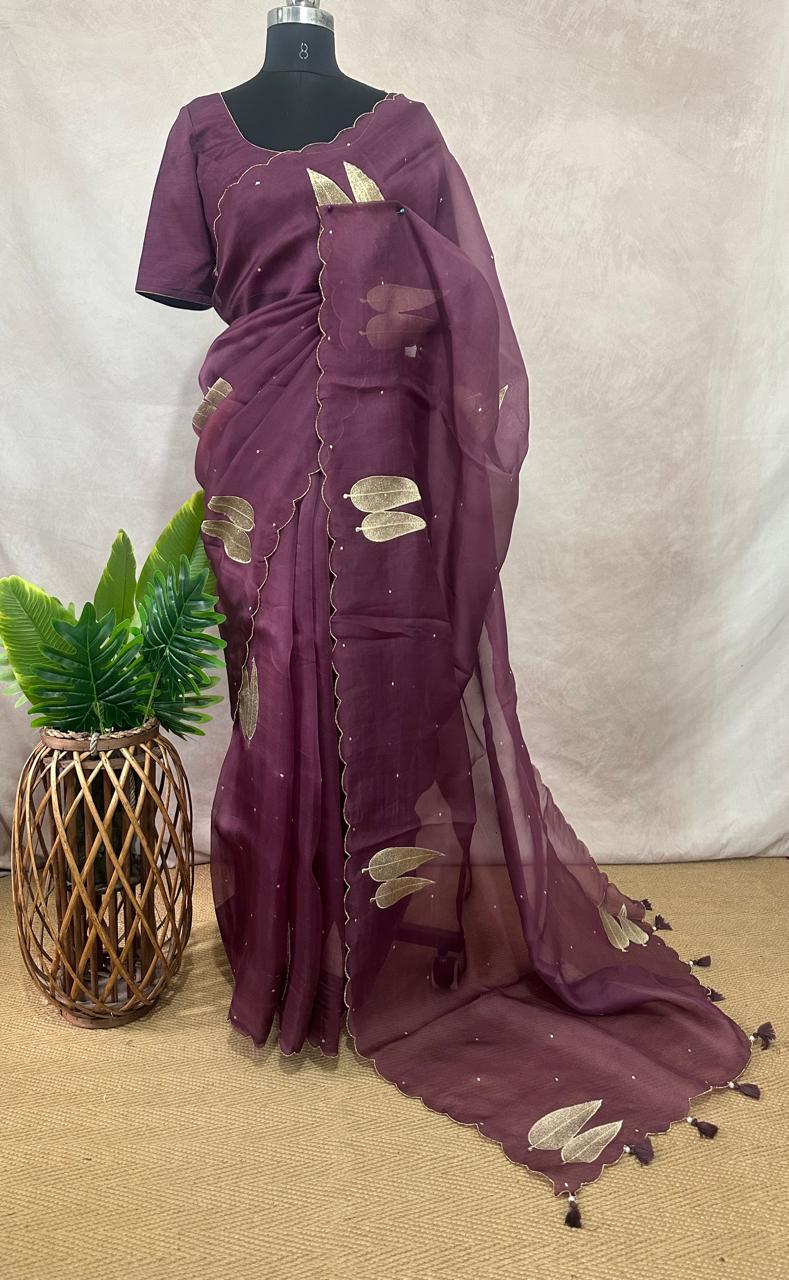 Purple organza saree with stitched blouse