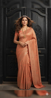 Peach pure crepe silk saree with antique zari weave, stitched blouse