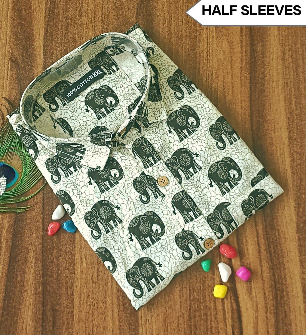 Jaipur cotton off white half sleeve cotton shirt with elephant print