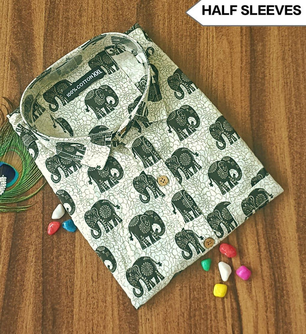 Jaipur cotton off white half sleeve cotton shirt with elephant print