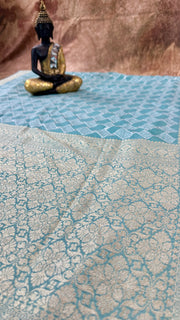 Light blue pure banarsi georgette saree with chikan work, stitched blouse