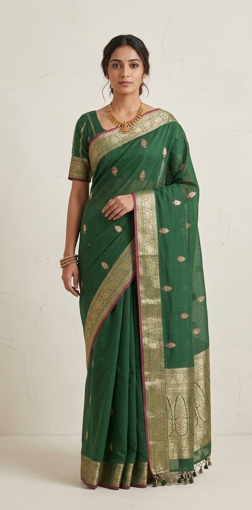 Banarsi cotton silk handloom saree with stitched blouse