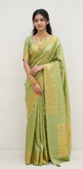 handloom pure silk pista green gadwal silk saree with stitched blouse
