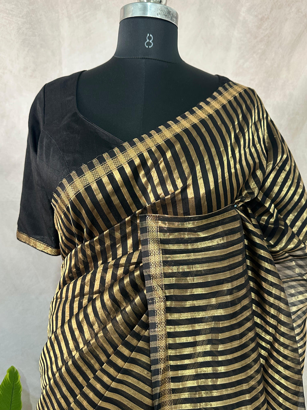 Maheshwari tissue silk saree with stripe and stitched blouse