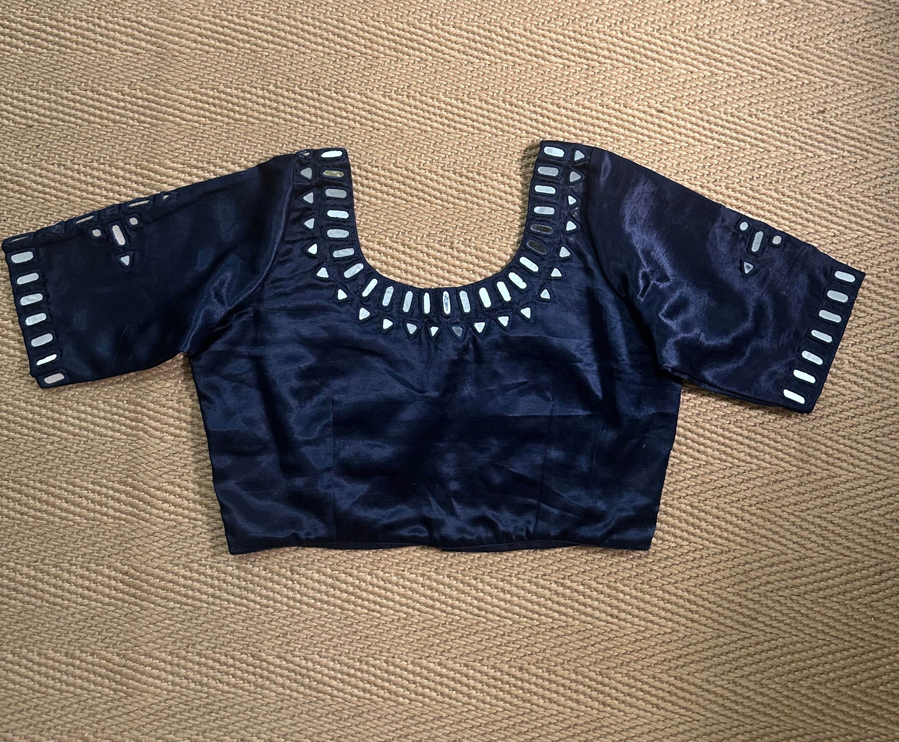 Navy blue modal silk blouse with mirror work