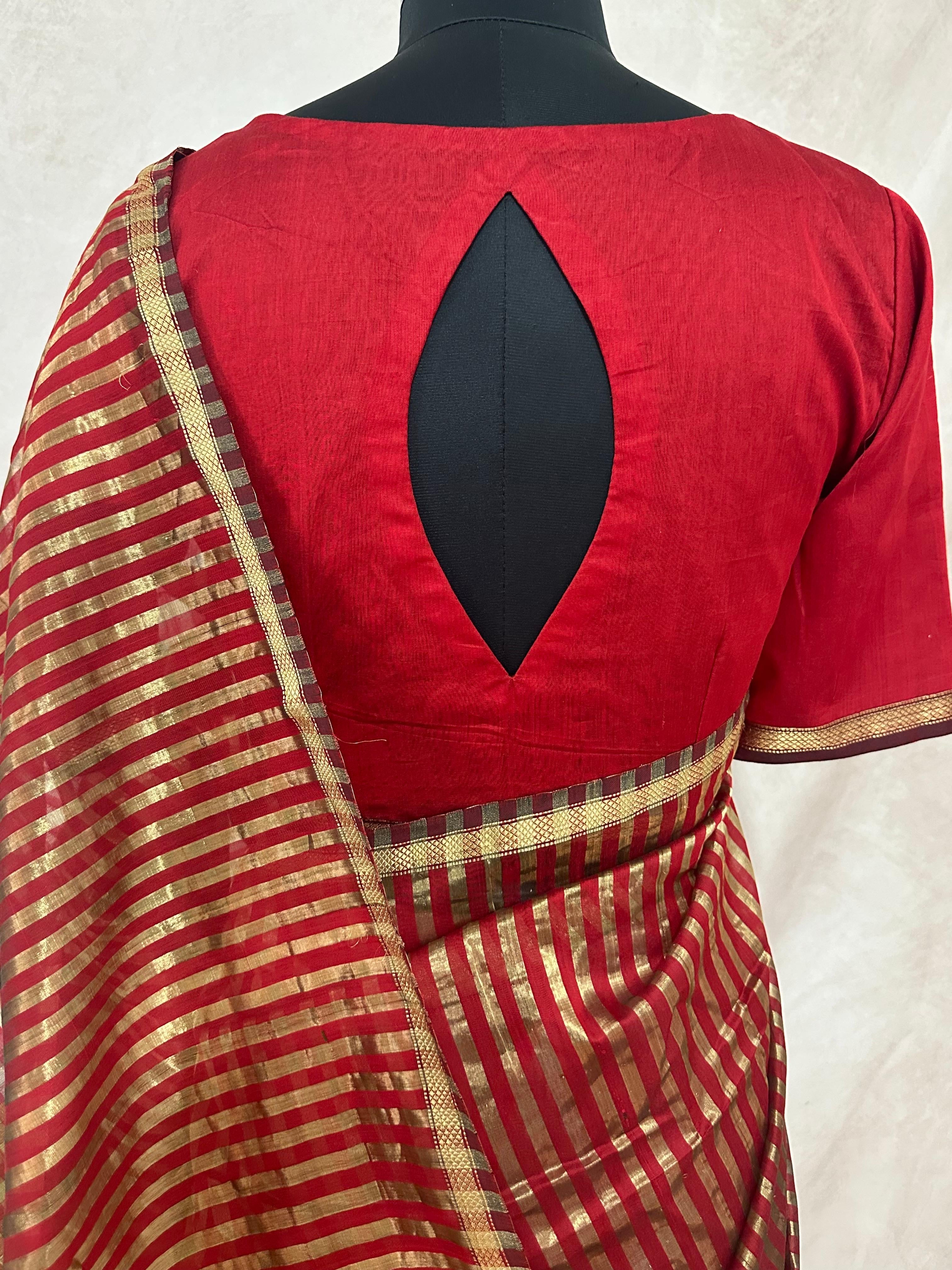 Maheshwari tissue silk saree with stripe and stitched blouse