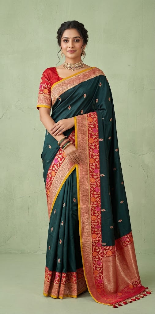 Peacock blue pure Banarsi katan saree with stitched blouse