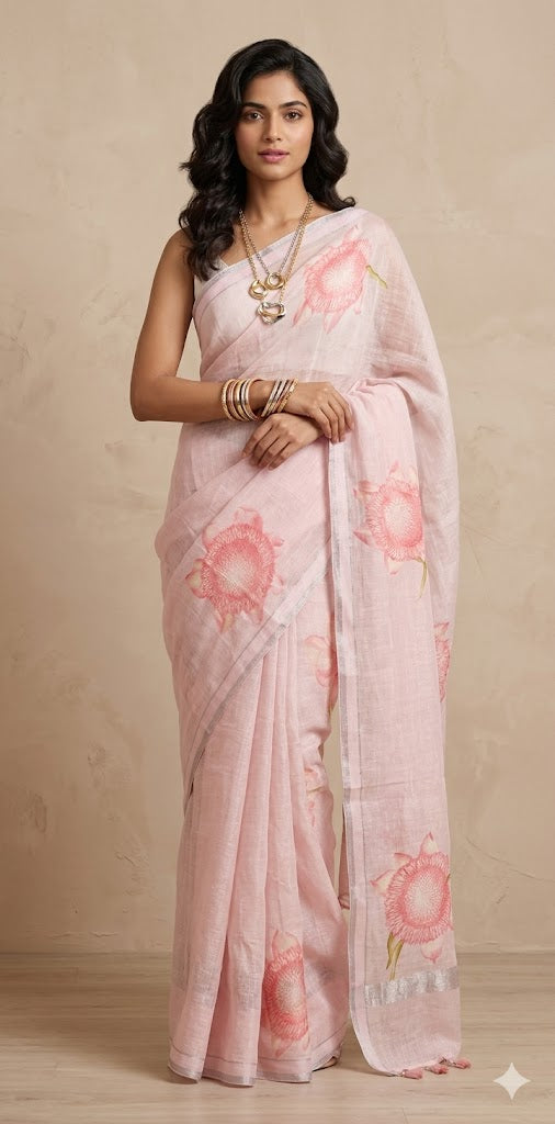 Linen floral digital Printed saree , with BP