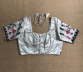 Light grey modal silk blouse with mirror work and hand Kutch Embroidery