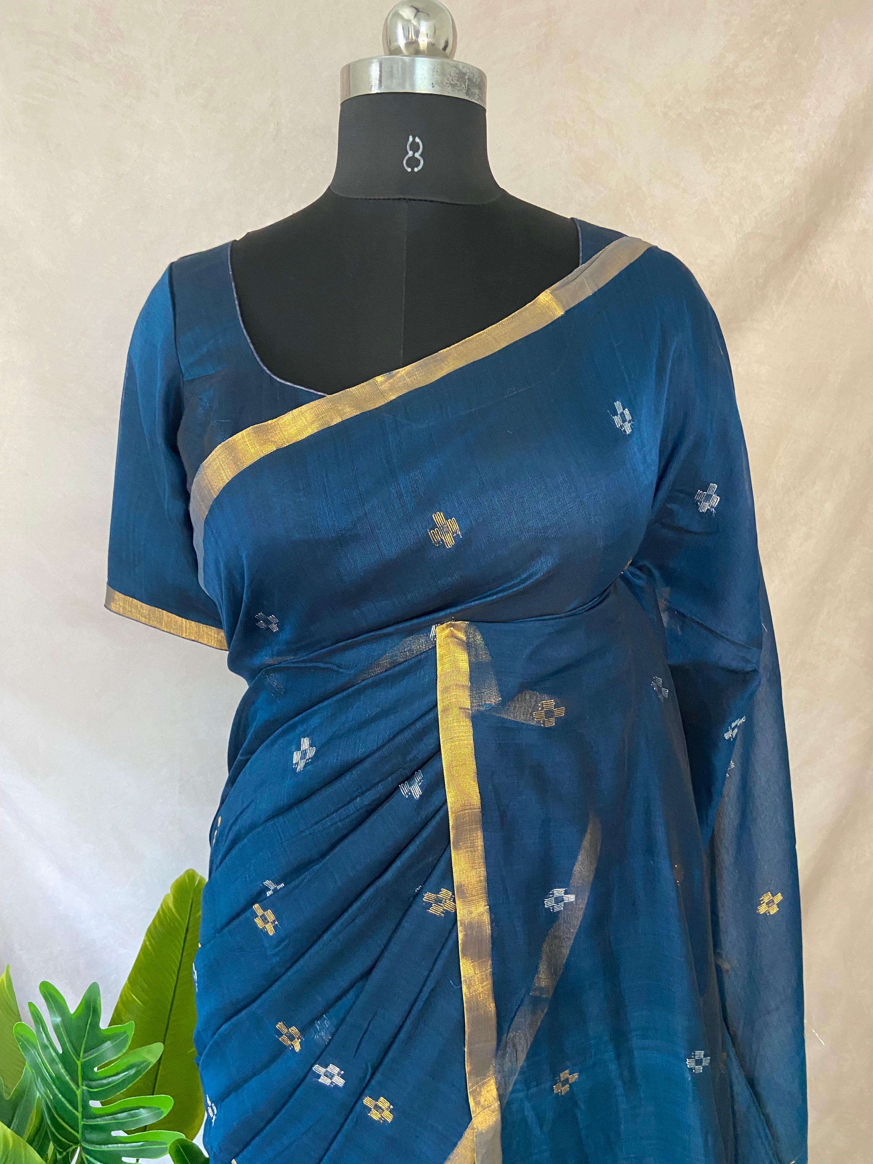 Peacock blue mangalgiri cotton silk handloom jamdani saree with stitched blouse