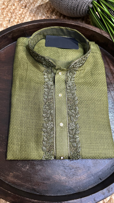 Olive green cotton silk kurta with hand emroidery - 42