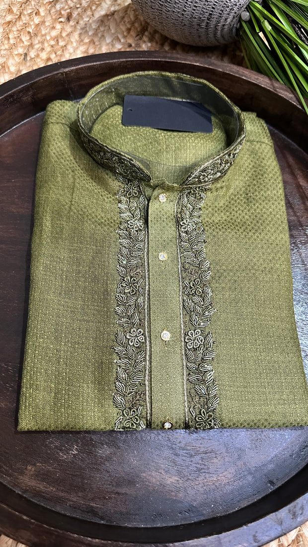 Olive green cotton silk kurta with hand emroidery - 42