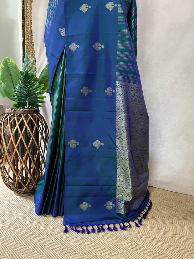 Peacock Blue Kanchivaram saree with stitched blouse