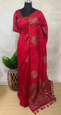 Red raw silk saree with banarsi border and stitched blouse