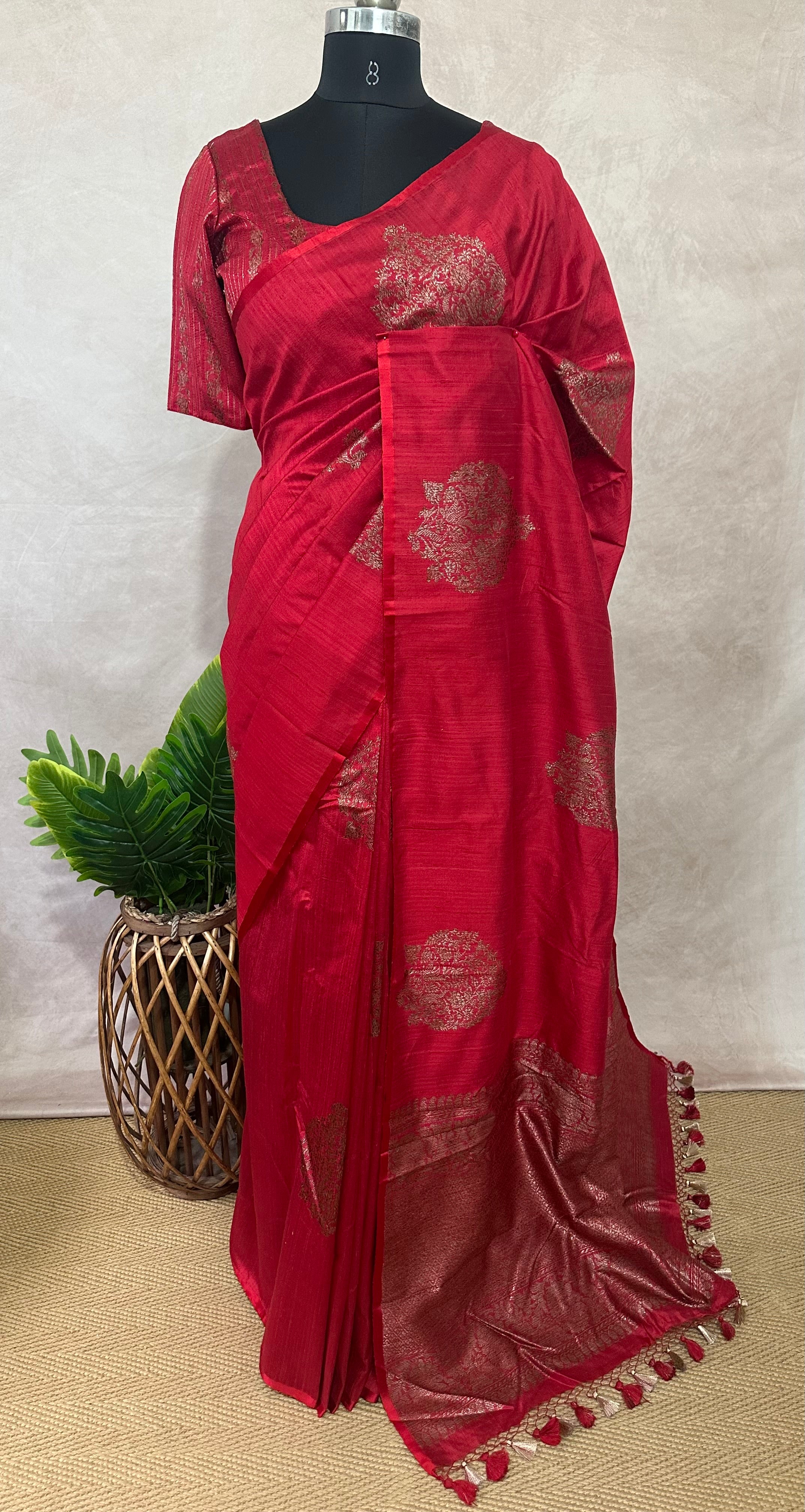 Red raw silk saree with banarsi border and stitched blouse