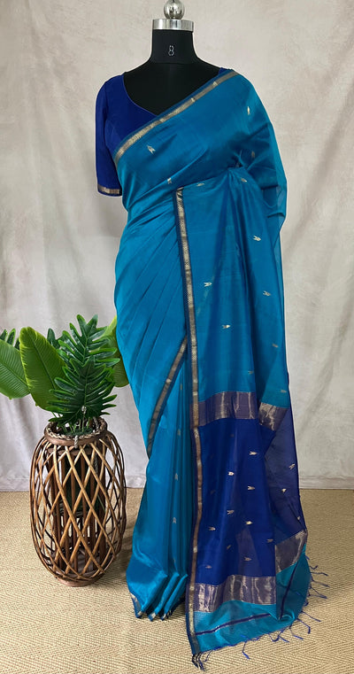 Pure Blue Maheshwari silk saree with stitched blouse