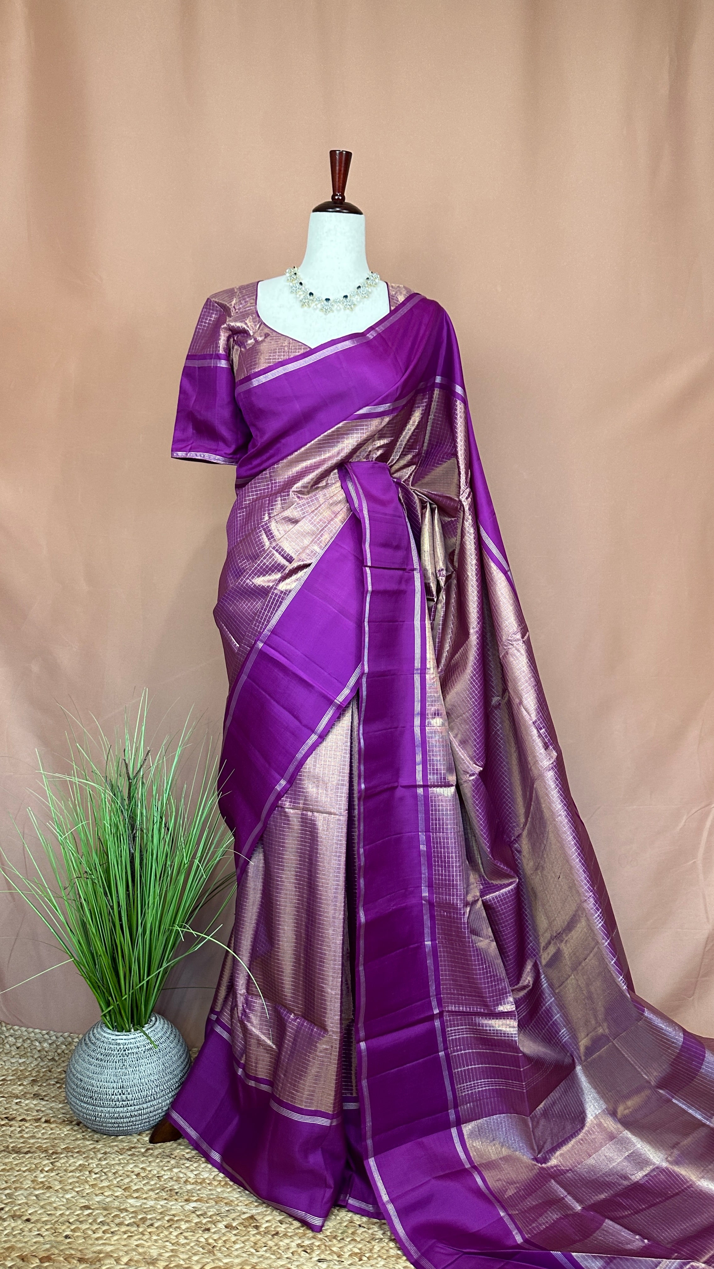 Purple Handloom Pure Silk Tissue Kanchivaram Saree With Stitched Blouse