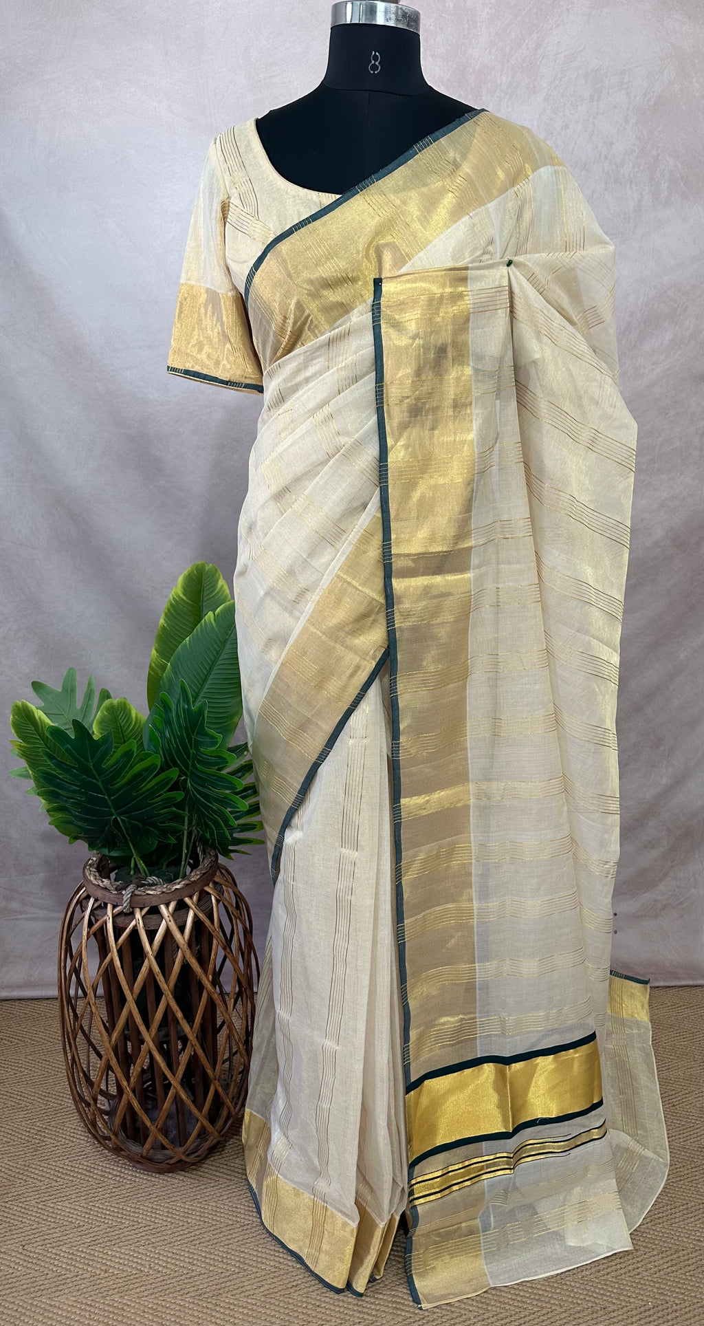Handloom tissue kerala kasavu saree with stitched blouse
