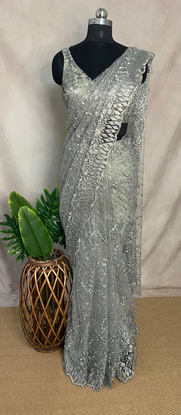 Pastel green lace fabric ready to wear saree with designer blouse