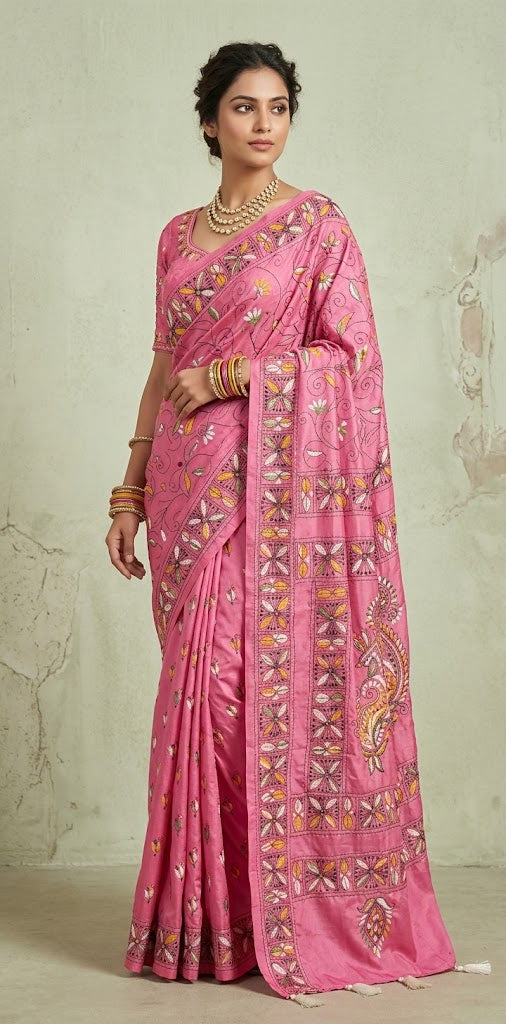 Bangalore silk saree with kantha work, No BP