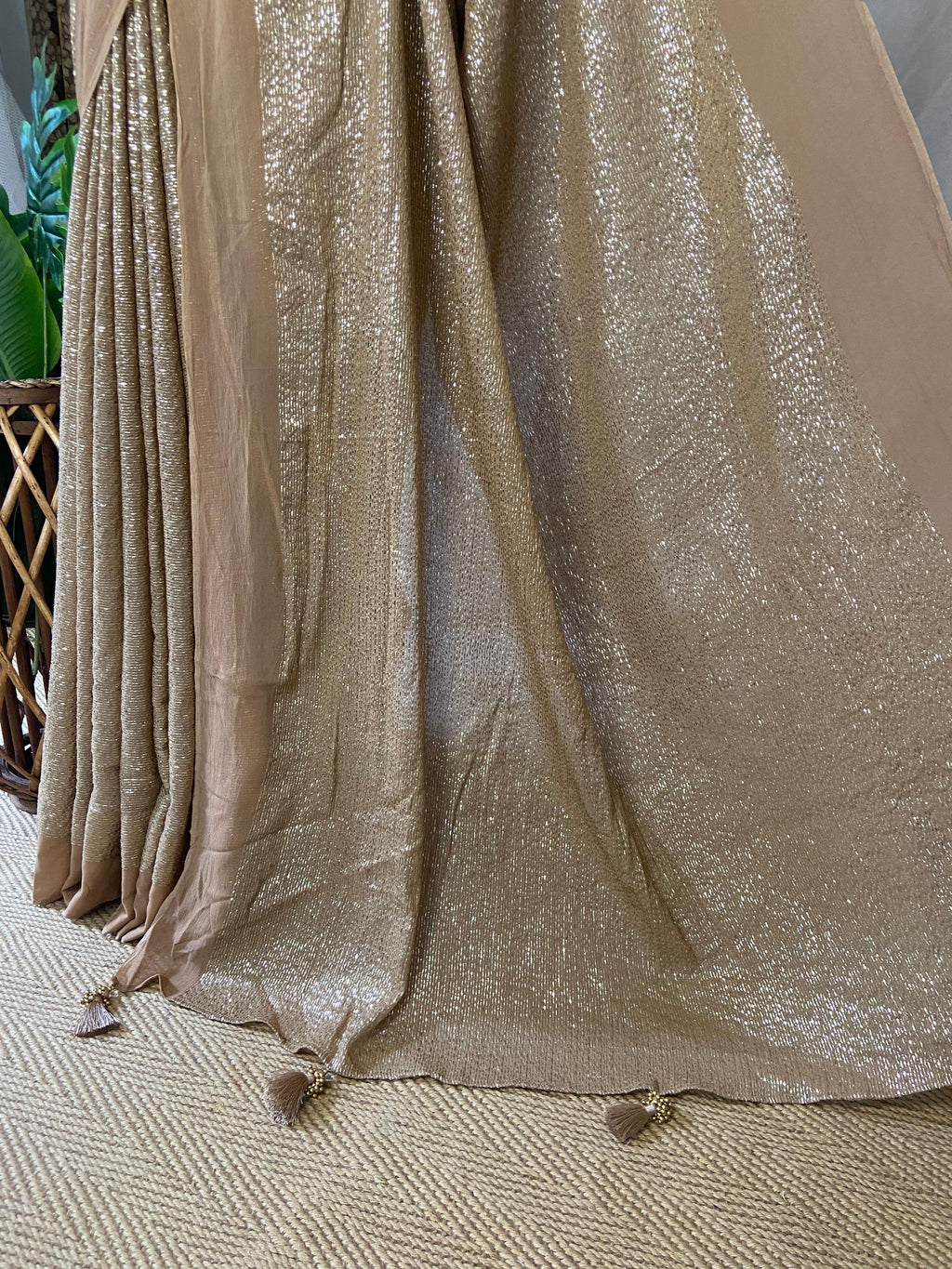 Chikku/Latte color georgette saree with gotta lines, stitched blouse