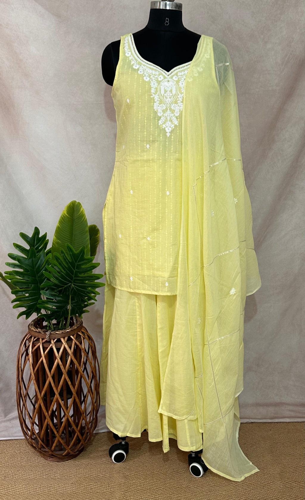 Yellow cotton kurti with bottom and dupatta