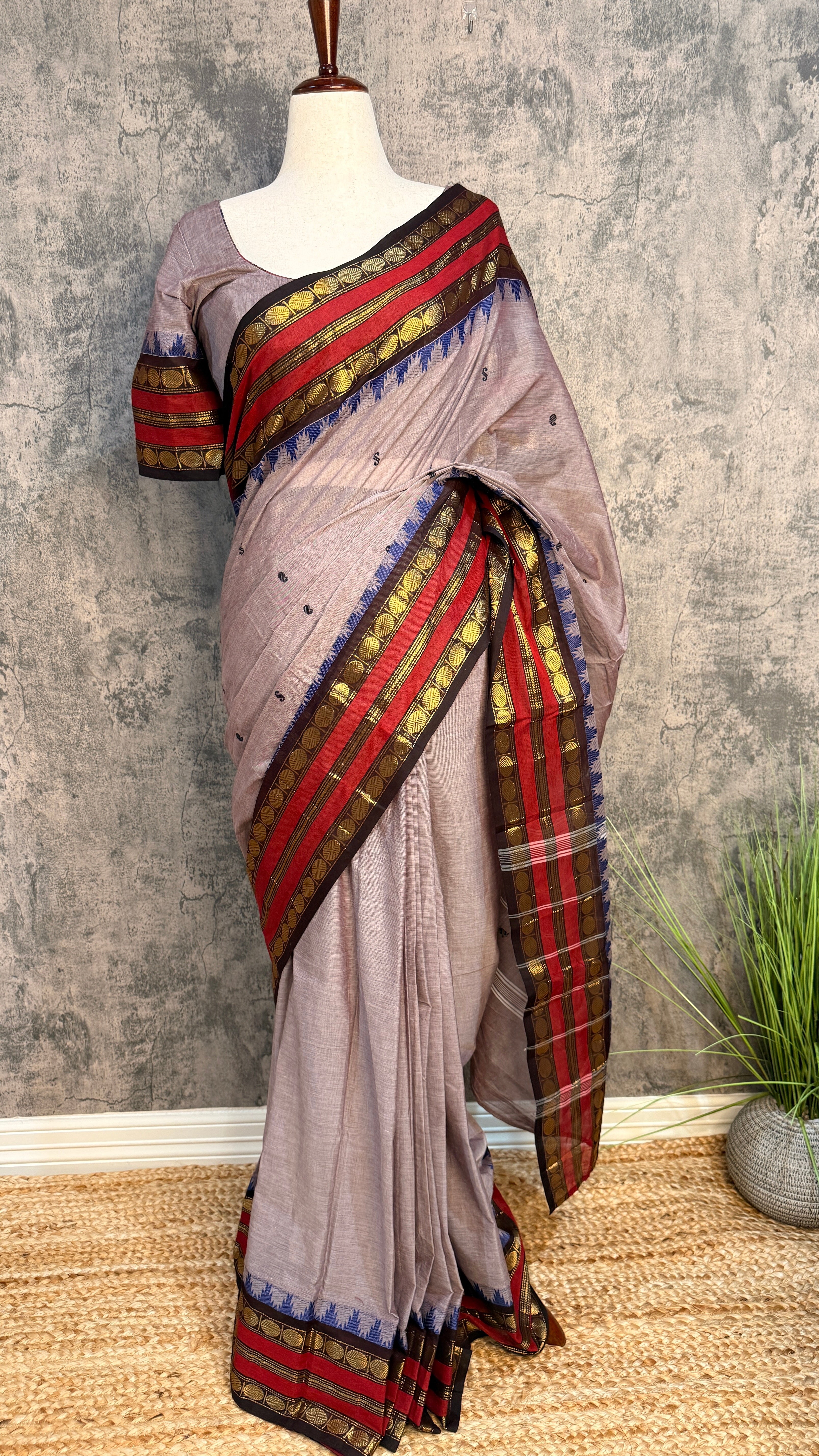 Kanchivaram handloom cotton saree with stitched blouse
