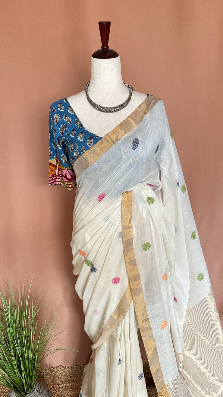Handloom cotton saree with multicolor butta, with BP