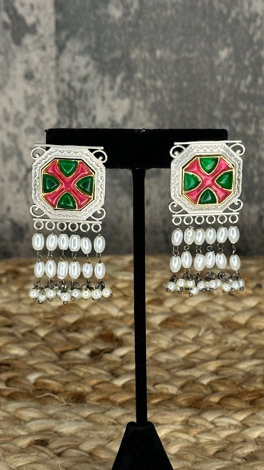 Choker with green and pink stones and studs
