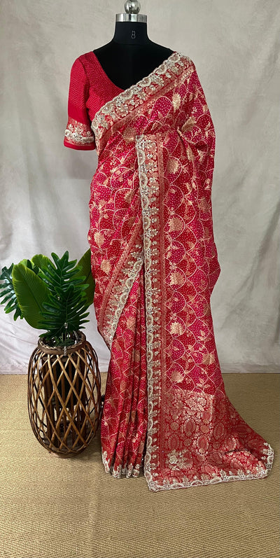 Red and pink combo designer saree with embroidery work and stitched blouse