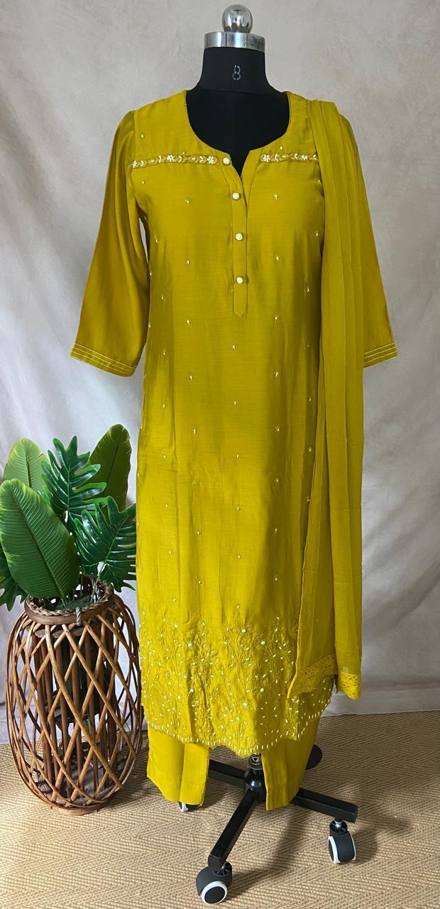 Mustard yellow kurti with bottom and dupatta