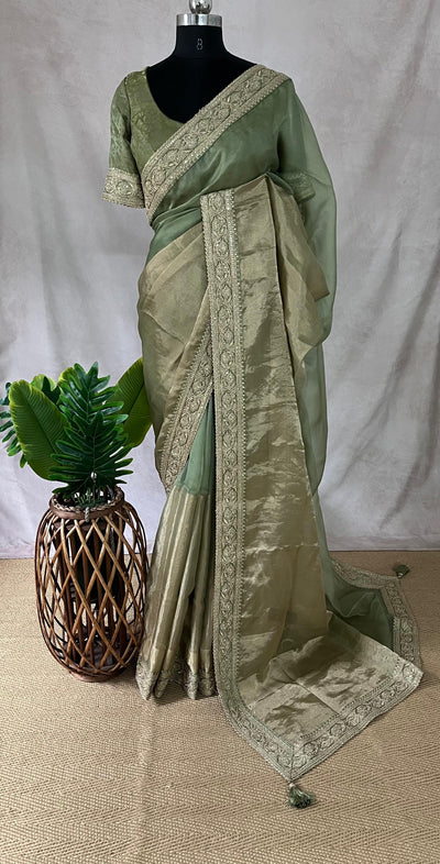 Green organze tissue saree with stitched blouse