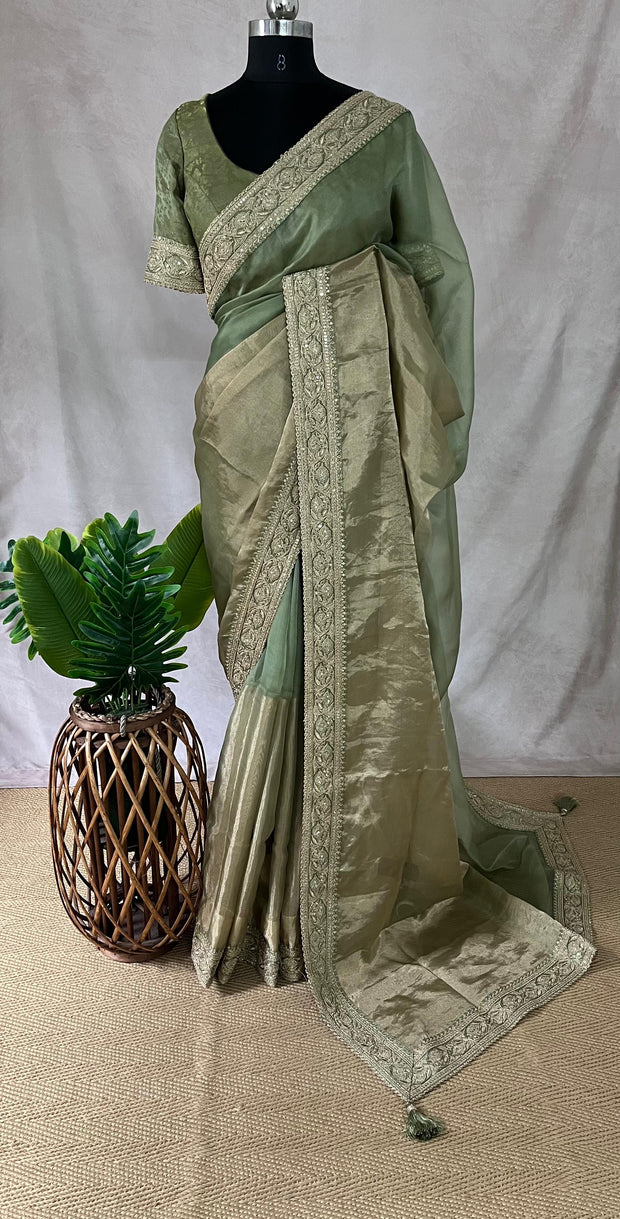 Green organze tissue saree with stitched blouse